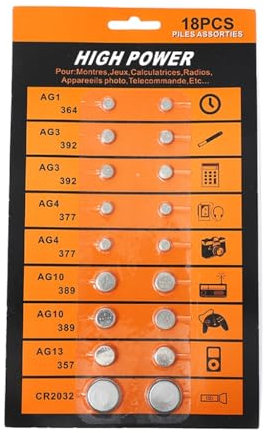 Xuanxi Lot de 18 piles bouton AG1 364 AG3 392 AG4 377 AG10 389 AG13 357 CR2032 pour montre et horloge