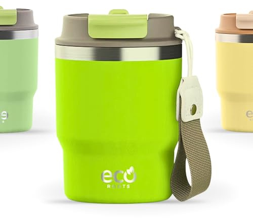 ECOROOTS Evergreen - Termo Café para llevar I 360 ml | Vaso Térmico Ligero Acero Inox. Sin BPA | Tazas Antifugas y Pajita para Café, Agua, Té o Refrescos | Para Bebidas Frías y Calientes (VERDE NEON)