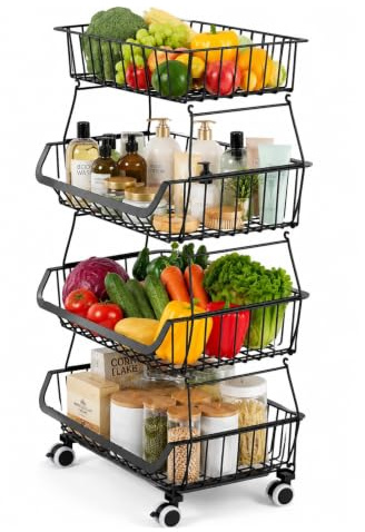 PQHIQ 4 Tier Fruit Vegetable Storage Basket Rack With Wheels, Black | Stackable Metal Wire Storage Baskets on Wheels, Fruit Vegetable Produce Basket Organizer Bins for Kitchen, Pantry, Bathroom