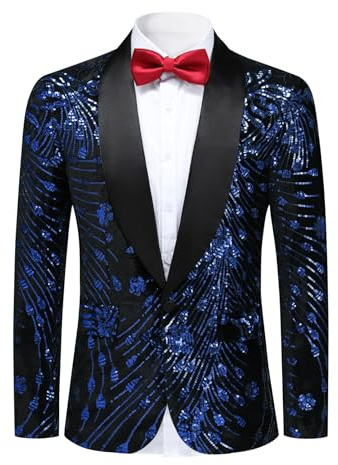 YFFUSHI Blazer da Uomo con Paillettes Giacca da Abito di Lusso Slim Fit Giacca da Smoking Scintillante Eleganti Festa, Blu, XL