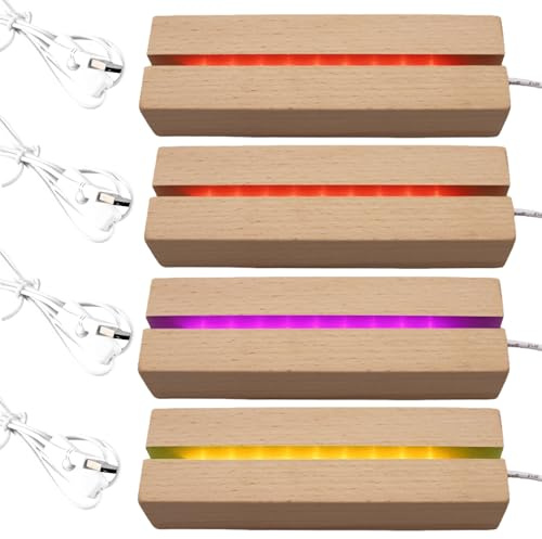 PORFOYO 4 Stück Holz LED Leuchtsockel Präsentationsbasis Holz Leuchtsockel Beleuchtet Sockel LED Leuchtsockel Beleuchtet Sockel für Acryl Kristall Glas (15cm)