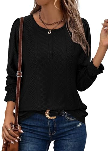 Magritta Shirt Womens Puff Long Sleeve Blouse Crew Neck Plus Size Plain Large Tunic Tops for Leggings Chiffon Oversized Shirt Black XX-Large, 22-24