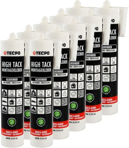 TECPO High Tack Montagekleber, 10x 455g zum Kleben, Dichten und Montieren Baukleber für Innen-und Außenbereich MS-Polymer Baukleber mit starker Anfangshaftung für Bauteile Kleben statt Bohren