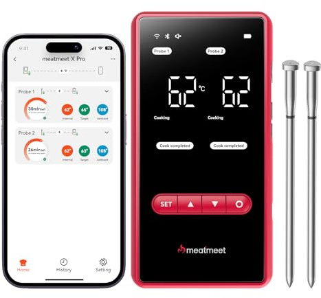 Meatmeet X Pro Wireless Meat Thermometer with Dual Wi-Fi & Bluetooth | Digital Meat Thermometer with 2 Smart Probes & LED Display Base | 6 Built-In Sensors, IP69 Waterproof | For BBQs, Ovens & Smokers
