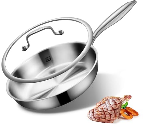 Edelstahl Bratpfanne 24cm mit Deckel, Edelstahl Pfanne unbeschichtet, 3-lagige Edelstahlpfanne induktion Omelette Schadstofffreie Pfanne für alle Herdarten spülmaschinenfest für Steak Ei (24cm)