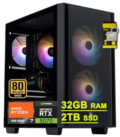 acer Nitro 60 Ordinateur de bureau de jeu AMD Octa-core Ryzen 7 7700 (>i9-13900H) 32 Go DDR5 2 To SSD GeForce RTX 5070 12 Go GDDR7 DLSS4 (jusqu'à 988 AI Tops) 850 W 80+ Gold PSU USB-C DisplayPort