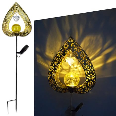 Entgoinggo Solar Powered Heart Shaped Garden Light with Hollow Iron Design, Warm Glow Outdoor Courtyard Decorative Stake for Romantic Ambiance, Weather Resistant Golden Finish(Iron craftsmanship)