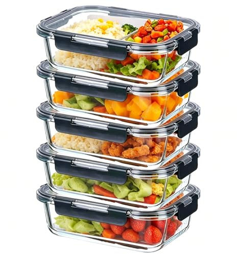 Pykrudo Glass Storage Containers With Lids, 5PCS 1040ML Glass Food Containers With Lids,Airtight and Reusable for Soup, Lunch, Salad, Leftovers Black