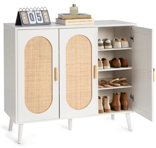 HOKEEPER Schuhschrank aus Holz, Schmaler Doppeltür (87x40x100cm),Shoe Cabinet, Schuhkipper für bis zu 24 Paar Schuhe, Schuhkommode mit Metallbeinen, Weiß & Braun, Flurschrank Schmal