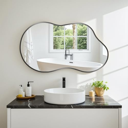 Clevich Spiegel Asymmetrisch 50 x 91cm Rahmen Alu, HD Glas Wandspiegel | Moderner Dekor-Spiegel, Schlankes Modernes Design, für Bad Badezimmer Wohnzimmer Flur Schlafzimmer Wand Cloud-Design, Schwarz