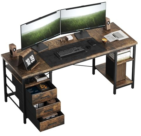 HOMRELEXA Computertisch, Schreibtisch mit 3 Schubladen und 3 Justierbaren Regalen, 140x60x75cm Umkehrbarer PC Tisch, Bürotisch Moderner Stil, für Büro Arbeitszimmer Schlafzimmer Wohnzimmer, Brandholz