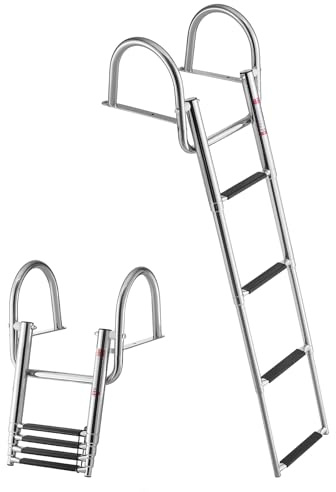 VEVOR Boat Ladder, 4 Steps Stainless Steel Telescoping Folding Swim Deck Ladder for Rear Entry Inboard, 600lbs Capacity with Wide Non-Slip Steps & Handrails, for Outboards, Yacht, Pontoon Boat