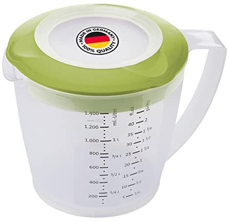 Westmark Caraffa graduata con paraschizzi, coperchio e beccuccio, Plastica, Capacità: 1,4 litri, Helena, Trasparente/Verde, 3105227A