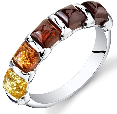 PEORA Genuine Baltic Amber Five-Stone Multicolor Half-Eternity Ring Band for Women in Sterling Silver, Comfort Fit, Size 9, Real Baltic Amber Ring for Adults, 100% Natural from Baltic Region