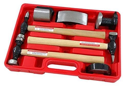 Dapetz ® 7pc Car Auto Body Repair Panel Beating Kit Drop Forged Steel Hammers Tool Set Hammers with Contoured Wooden Handles Universal Heel/Curved and Mushroom Dollies