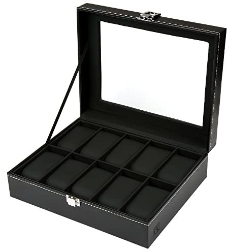 H&S. Uhrenbox für Damen & Herren - Uhrenhalter mit Glasdeckel & Samtauskleidung - Uhrenkasten in Schwarz aus Kunstleder - Uhrenaufbewahrung mit Platz für bis zu 10 Uhren - Uhrengehäuse