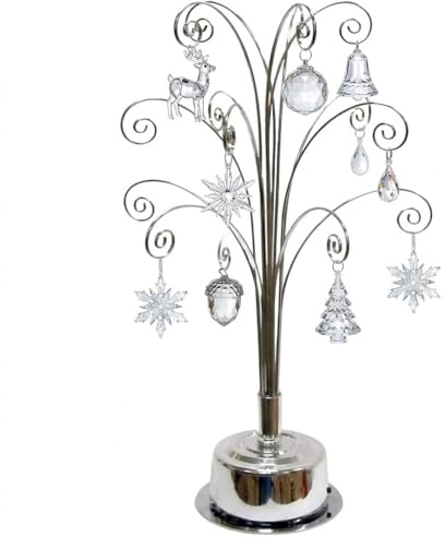 HOHIYA 360° Rotating Ornament Display Stand 15 Hooks Tabletop Christmas Tree Ornament Holder Metal Hanging Display Rack for Crystal Glass Baubles Jewelry and Home Decor Chrome Silver