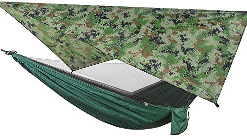 Camping Hängematte mit Moskitonetz&Regenbogen Zeltplane,Leichter tragbarer Fallschirm Nylon Doppel-Einzelschlaf-Hängematte für Rucksacktouren Wanderungen Reisebüro Outdoor-Aktivitäten (Camouflage)