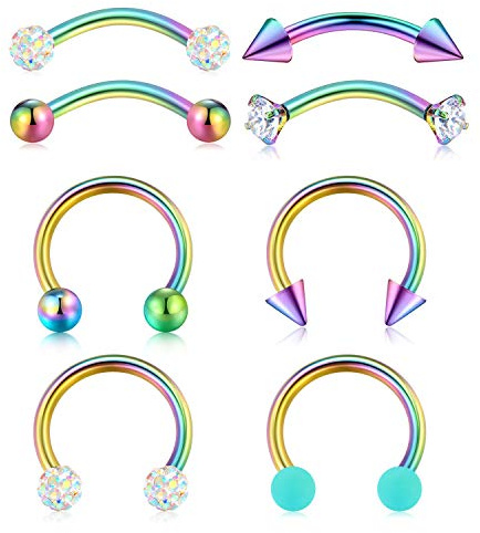 Mayhoop 8 Pezzi 16G Setto Piercing Naso Sopracciglio Acciaio Chirurgico Palla Zircone Ferro di Cavallo Anelli al Sopracciglio Septum Labbro Barbells Orecchini Cartilagin Studs Iridescente