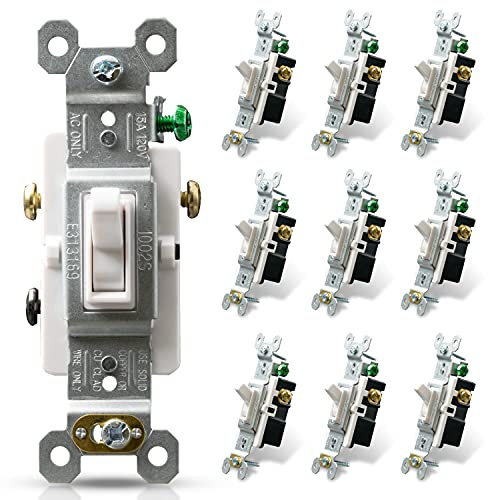 ELEGRP 3 Way Toggle Light Switch, 15 Amp, 120 V, Toggle Framed AC Quiet, in Wall On/Off Switch Replacement, Self-Grounding, Residential and Commercial Grade, UL Listed (10 Pack, Glossy White)