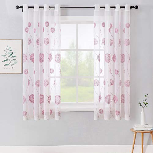 MIULEE Kurz Vorhänge Florale Stickerei Rosa, Gardinen 2er Set 140x145cm | Transparent Voile Blumen Muster Vorhänge Durchsichtig mit Ösen, Leichte Dekorative Gardinen für Wohnzimmer Schlafzimmer