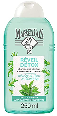 Le Petit Marseillais, Detoxschampo fräsch infusion av ekologiskt grönt te (250 ml flaska), silikonfritt schampo för alla hårtyper – 98% ingredienser av naturligt ursprung
