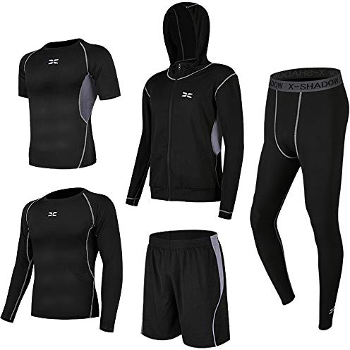 Superora 5 Pezzi Fitness Palestra Completi Sportivi Uomo Abbigliamento Sportivo Pantaloni Compressione Maglie Maglietta Pantaloncini Corsa Leggings Set Uomo (Grigio, XXXL=EU XL)