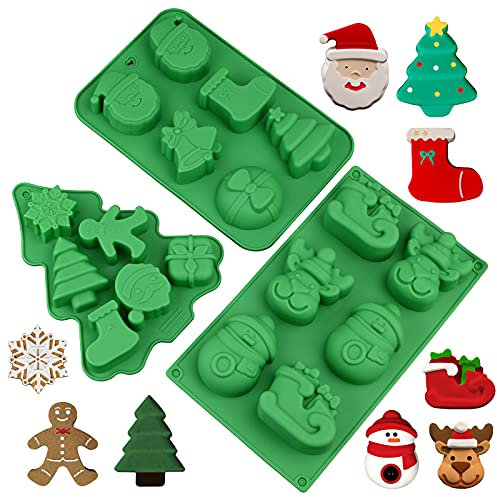 3 Stück Weihnachts-Silikonformen, große Weihnachts-Backform für Mini-Kuchen, handgefertigte Seife, Schokolade, Gelee, Süßigkeiten und Kerzen, mit Weihnachtsbaum, Weihnachtsmann, Schneemann Form