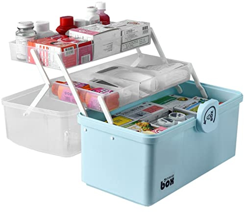 ZESLIV Medicinlåda med bärhandtag, första hjälpen resväska medicinlåda medicinlåda plast husmedicinlåda medicinlåda förvaringslåda blå 39 x 21,5 x 26,5 cm