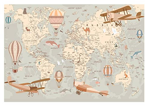 Carta Da Parati Fotografica Bambini Mappa del mondo - Include Colla - Design Carta per Pareti Camera Ragazzo Ragazza Fotomurali In Tessuto Non Tessuto TNT (152x104 cm - 1 Striscia)