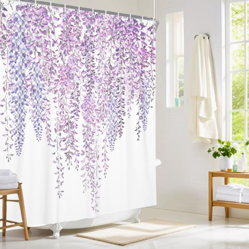 Wathon Wisteria tenda da doccia viola floreale lilla fiori in fiore arredamento bagno romantico viola chic arte tessuto poliestere tende da bagno con ganci 72 x 72 l