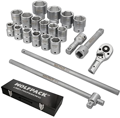 WOLFPACK LINEA PROFESIONAL Juego Llaves De Vaso de Acero Cromo Vanadio con 21 Piezas 3/4 Plus Con Maletin.
