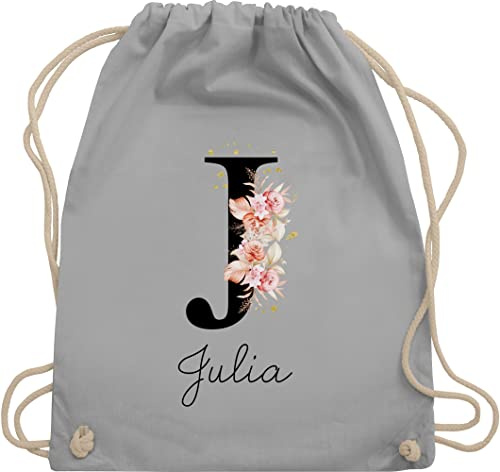 Turnbeutel Rucksack - Initialen - Buchstabe mit Name personalisiert I Anfangsbuchstabe I Initiale - Unisize - Hellgrau - sport tasche mädchen schule schulkind beutel buchstaben j stoffbeutel
