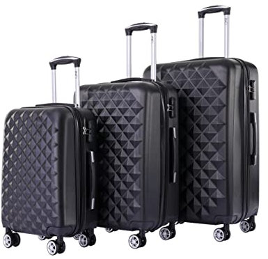 aqua lotus 3 TLG. Koffer Trolley Kofferset Reisekoffer M-L-XL-Set Lotus Karo (Schwarz), Reißverschlussteiler|Kratzfest