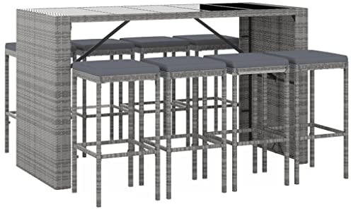 vidaXL Gartenbar Set 9-TLG., Gartenmöbel Bartisch 8 Barstühle, Stehtisch Barhocker für Garten Terrasse, Sitzgruppe Gartenset mit Kissen, Grau Poly Rattan
