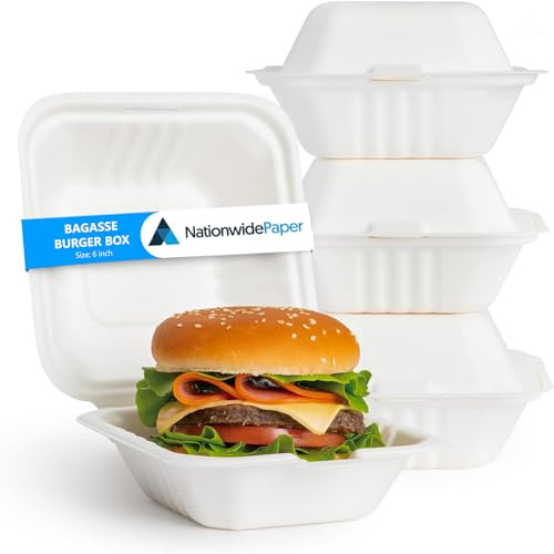 Nationwide Paper Pack of 100 Burger Boxes Takeaway Bagasse Sugarcane White Boxes Microwave and Freezer Safe, 6Inch(15cm)