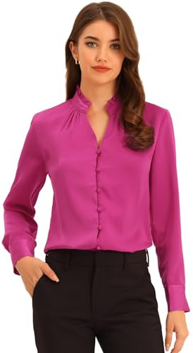 Allegra K Camisa de satén con Volantes para Mujer Blusa de Oficina de Trabajo con Botones de Manga Larga y Linterna Fucsia XS