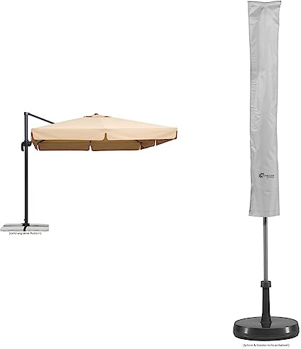 Schneider Sonnenschirm Rhodos, Natur, 300 x 300 cm quadratisch, 782-02, Gestell Alu/Stahl, Bespannung Polyester, 24 kg & Schutzhülle für Sonnenschirme bis 200 cm Ø, 817-00, silbergrau, 135 x 20/25 cm