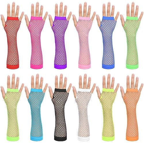 Yolev 12 Paar Neon Fingerlose Netzhandschuhe Damen Lange Netzhandschuhe Armstulpen 80er 90er Jahre Party Cosplay Kostüm Zubehör Disco Party Halloween Zubehör