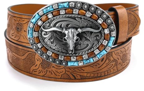 Eohak Herren-Western-Cowboy-Gürtel – Longhorn-Bull-Pattern-Schnalle, Blumen-Gravur, Schnalle, Gürtel passend für Taille 63,5 cm bis 96,5 cm, Braun, 34-38W