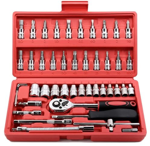 Sliva 46-teiliges Steckschlüssel-Set, 1/4-Zoll-Antrieb, Ratschenschlüssel-Set mit 4–14 mm Cr-V-Stecknüssen, Schraubendreher-Bits, Verlängerungsstangen