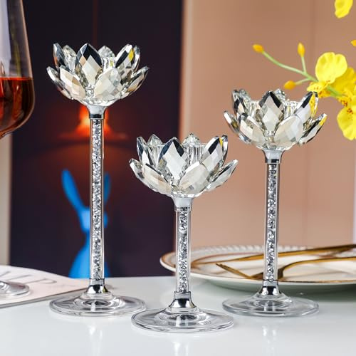 Kristall Lotusblume Kerzenständer, 3 kleine Silberne Teelichthalter, transparenter Silber-Kerzenständer, geeignet für Hochzeit, Partys, Weihnachten, Kaminsimsdekoration und mehr. (Silber)
