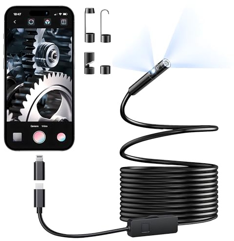 Elecshion [Dubbel lins] endoskopkamera med ljus, 1920P HD boroskop med 8+1 justerbara LED-lampor, IP67 vattentät 16,5 fot halvstyv ormsladd inspektionskamera för iPhone, iPad och Android
