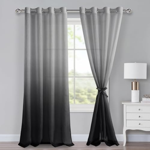 XWZO Voile Gardinen mit Ösen Vorhänge Farbverlauf Vorhang Sheer Ombre Gardinen 2 er Set für Schlafzimmer und Wohnzimmer Schlaufengardinen mit Raffhalter H245xB140cm Schwarz