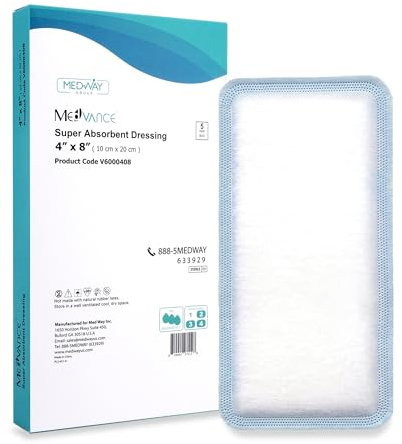 MedVance Super Absorbent Dressing, Non-Adhesive Pads for Wound Care, Pressure Ulcers & 1st/2nd Degree Burns, Superior Moisture Absorption, Box of 5 Dressings (4x8 Bandage)