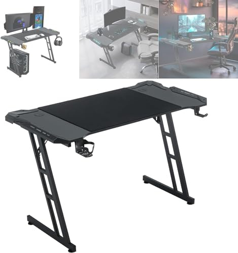 ACXIN 140x60 cm Gaming Tisch mit LED, Ergonomischer Z-förmiger Computertisch mit Kopfhörerhaken, Getränkehalter und Kohlefaser-Optik, Gaming Schreibtisch für PC, Laptop und Spiele - Schwarz