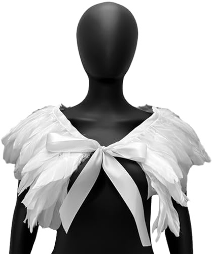 Pasdrucn Federkragen Chwarzer Kostüm Damen,Damen Natural Feather Schal,Gothic Feder Cape Poncho,Halloween Shrug Schwarz Poncho Kragen,Feder Achselzucken Schal Für Foto Requisite Cosplay (weiße)