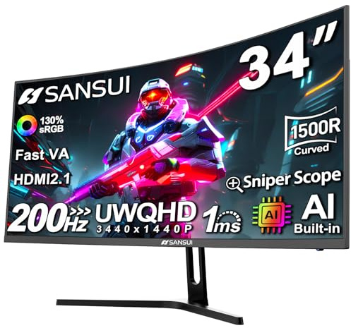 SANSUI 34-Inch Curved Gaming Monitor UWQHD 3440 x 1440P Up to 200Hz 165Hz Curved 1500R - PIP/PBP, OD 1ms, HDR, 300nits, sRGB 130%, DCI-P3 97%,AI Crosshair,HDMI2.1x2,DP1.4(Cable Included)