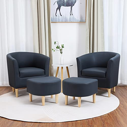 DAZONE Mid Century Modern Accent Chair Set of 2 Faux Leather with Ottoman - Comfy Armchair for Living Room, Bedroom & Reading Room - Navy Blue