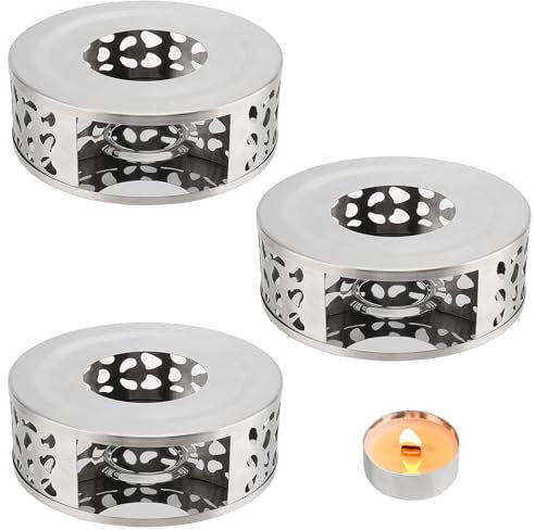 DAKFOOK 3 Pack 15cm 6 Inch Stainless Steel Teapot Warmer with Tealight Holder and Hollow Frame Design, Stainless Warmer Base Heating Teapot for Tea Sets Coffee and Other Heatproof Dish, Silver